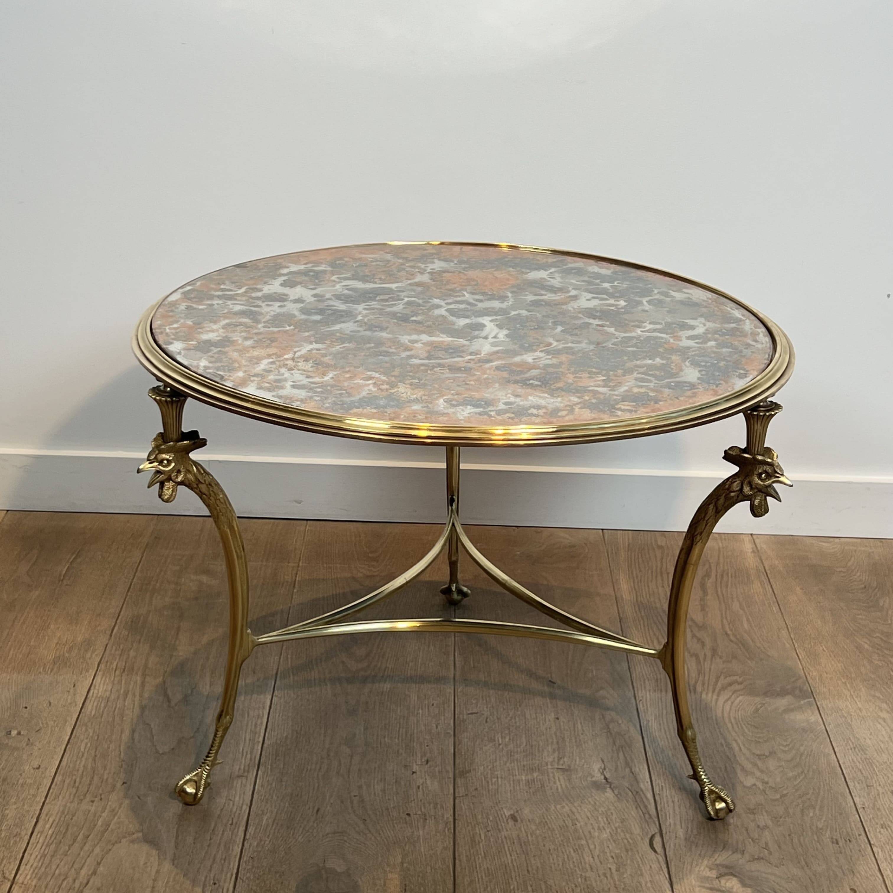 Tripod Circular Coffee Table "Aux Coqs" in Bronze and Églomisé Mirror, May