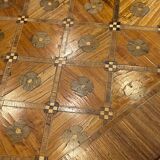 Louis XVI Directoire desk table richly inlaid, brass belt and 2 drawers, 19th century