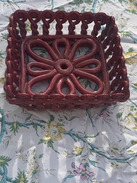 Fruit bowl in red slip, square shape, enamelled ceramic, old