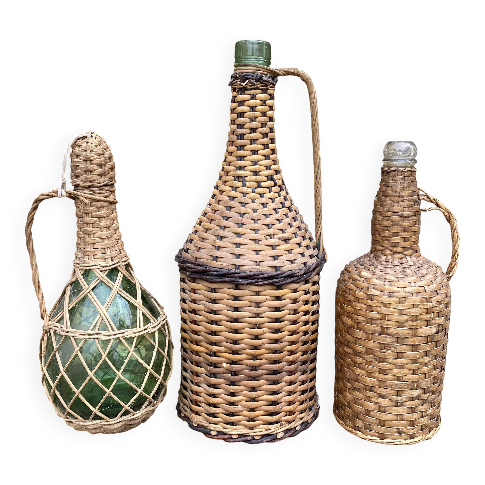 Glass bottles and rattan, woven wicker