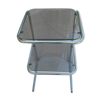 Table de chevet ou étagère double verre fumé et tubes Inox