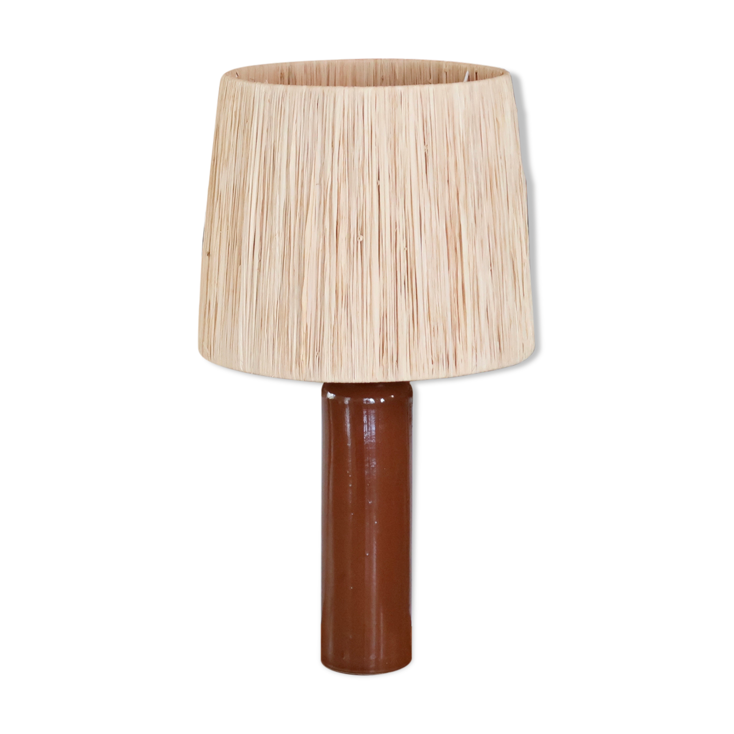 Brown ceramic lamp, raffia lampshade, 60s