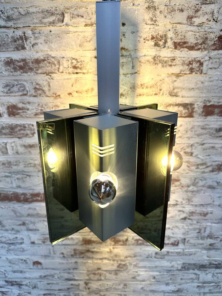 Lampe suspendue vintage en verre fumé et aluminium italien, années 1970