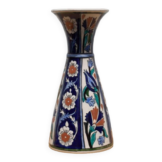 Vase signé E. Gelebi Gini vintage, vase céramique bleu fleuri, made in Turkey, collection,déco