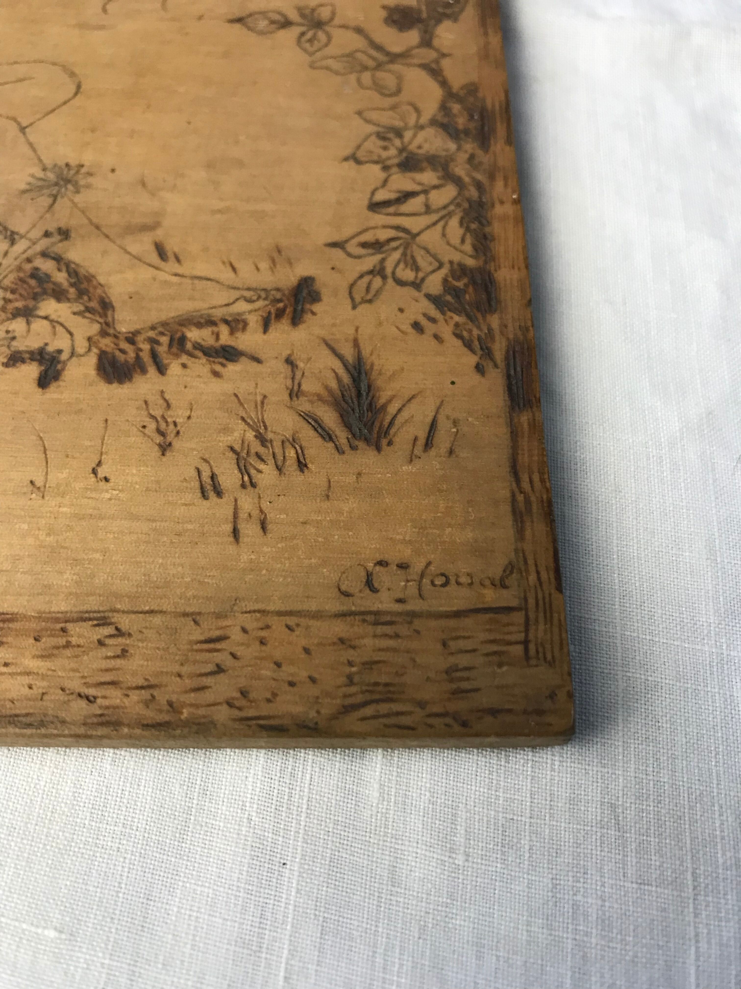 Art Nouveau panel in pyrograved wood signed Houal