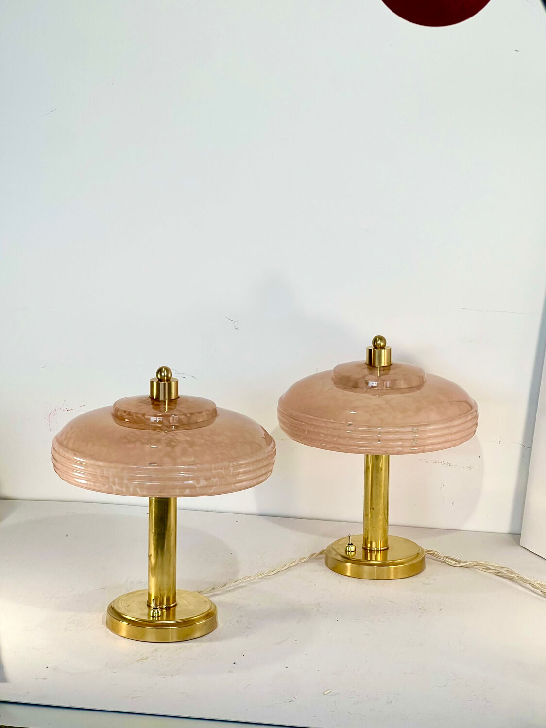 Pair of mushroom bedside lamps, pink Clichy glass.