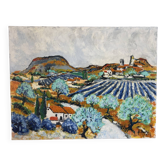 Provençal village with lavender fields, knife-signed oil painting.