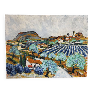 Village provençal avec champs de lavande, huile au couteau signée