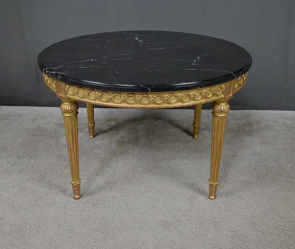 Coffee Table in Marble & Gilded Wood with Gold Leaf, Louis XVI Style – Mid 20th Century