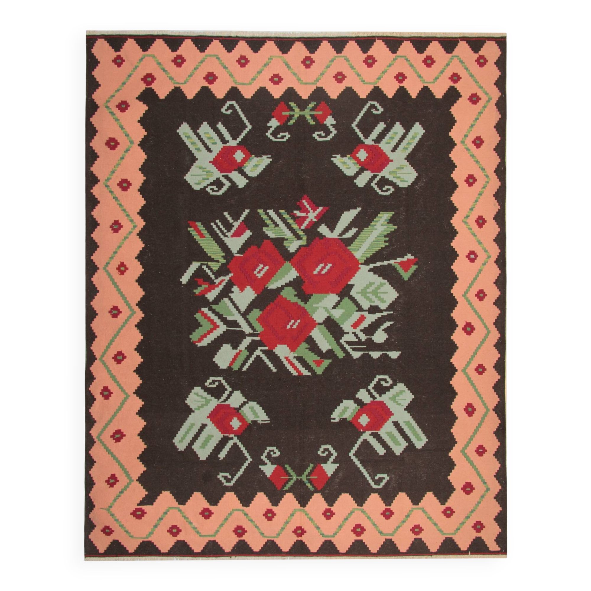 Tapis Kilim moldave en laine, grand motif floral tissé à plat, art populaire, 306 x 242 cm
