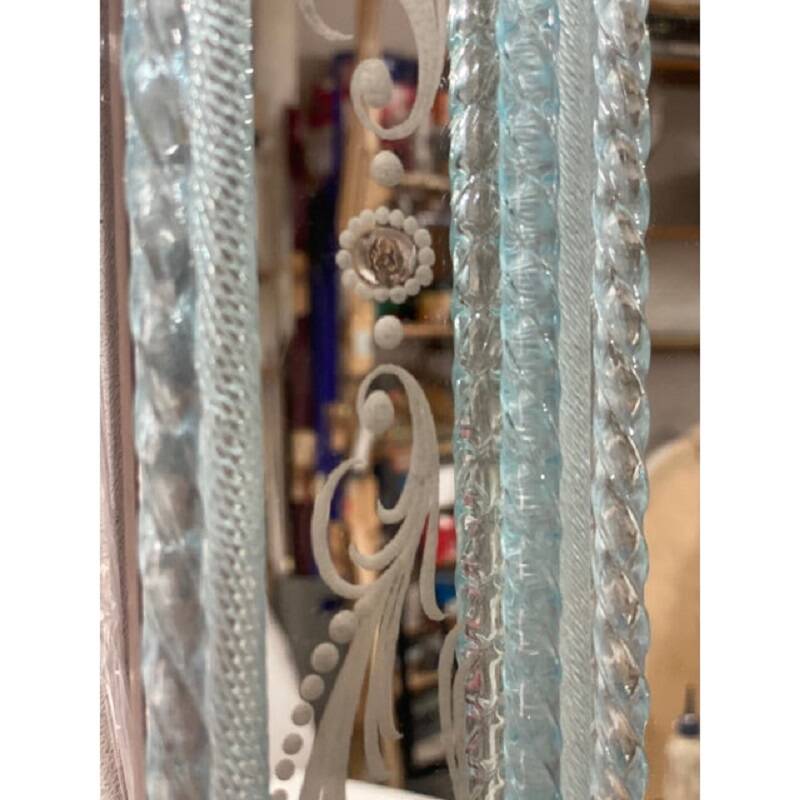 Venetian rectangular light-blue floreal hand-carving mirror in murano glass style