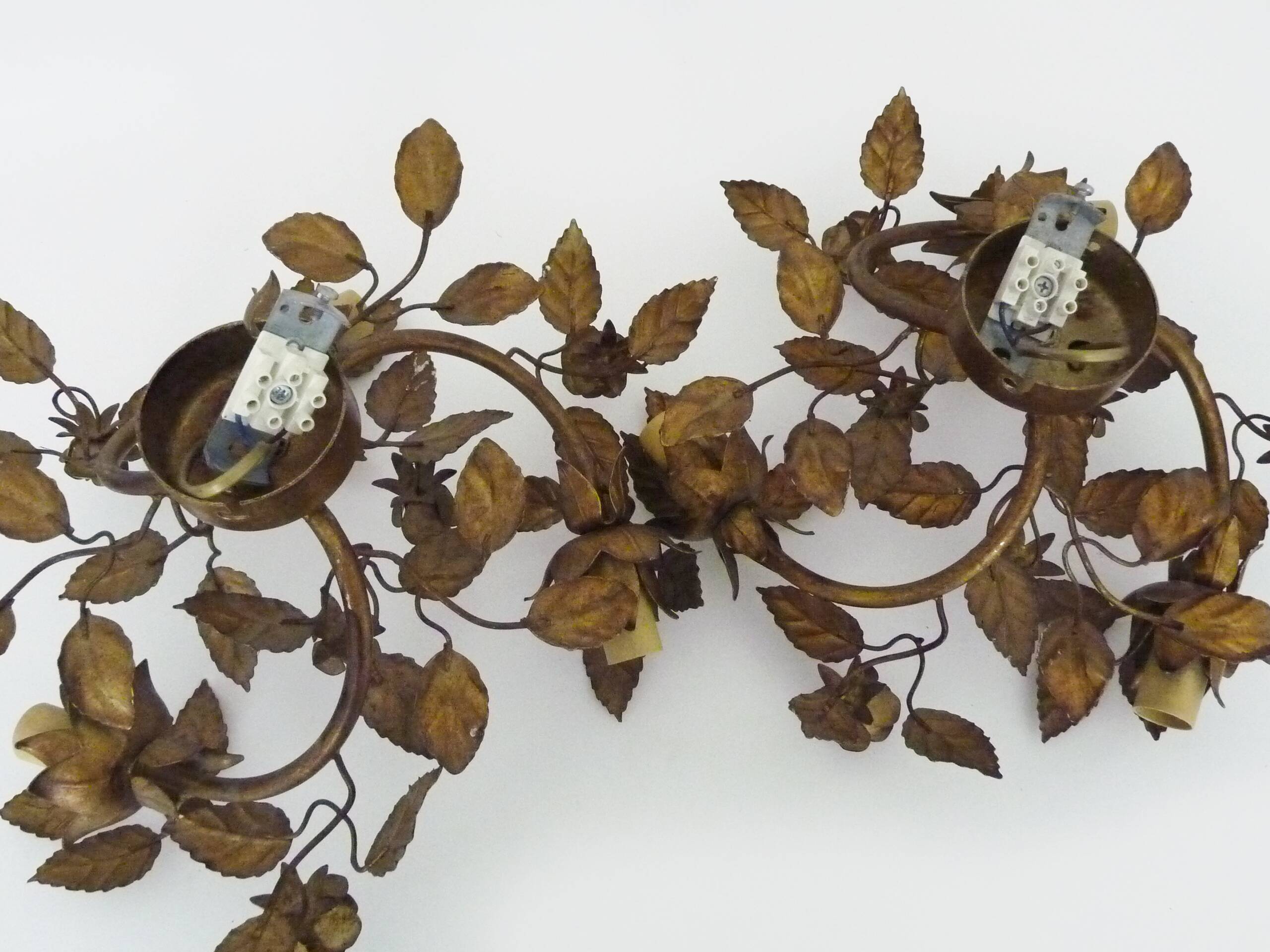 Pair of 3-light gold leaf and flower wall lights, Italy, 1970s-80s