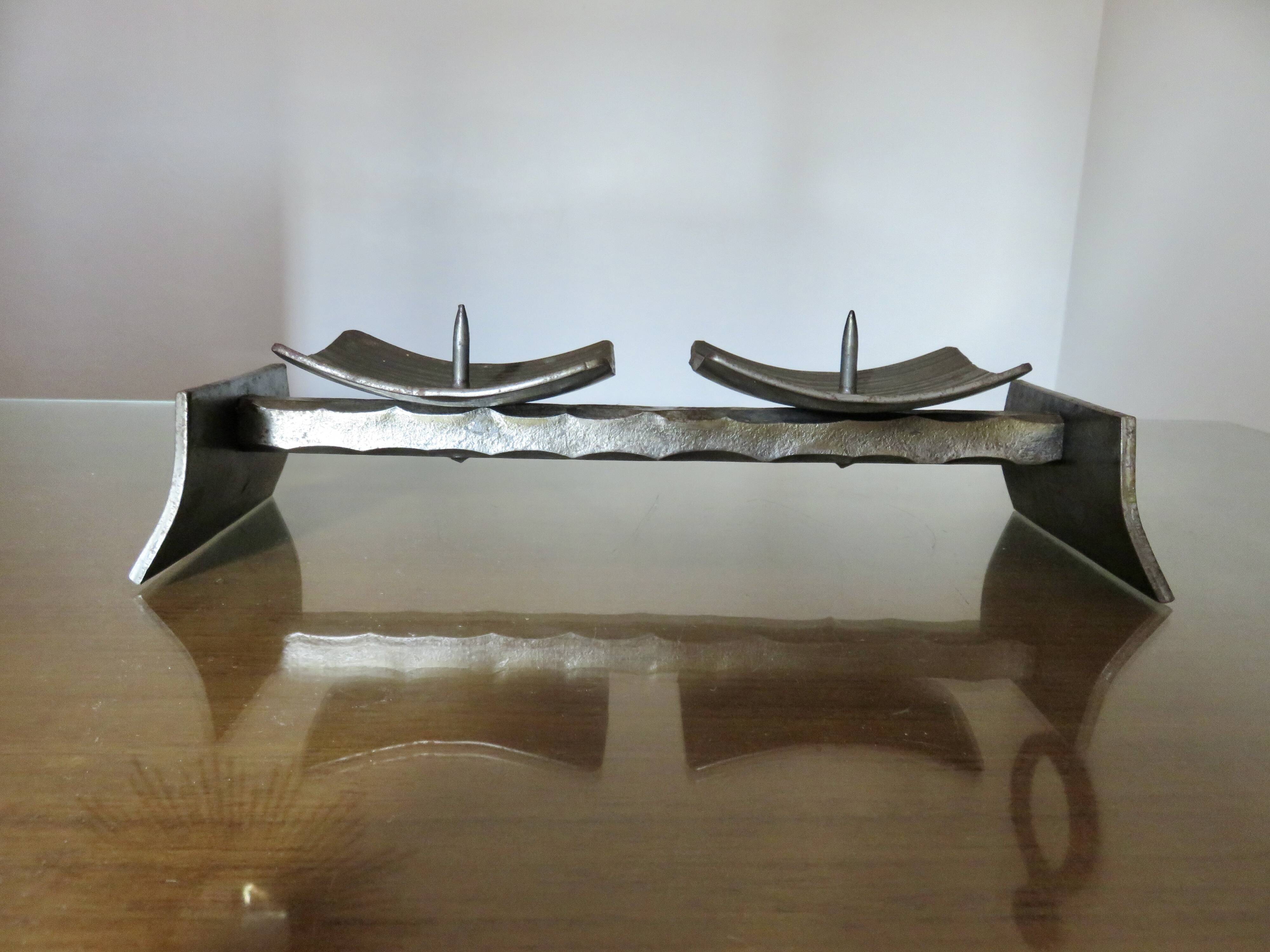 Large brutalist candlestick in the style of the Marolles workshops, raw steel.