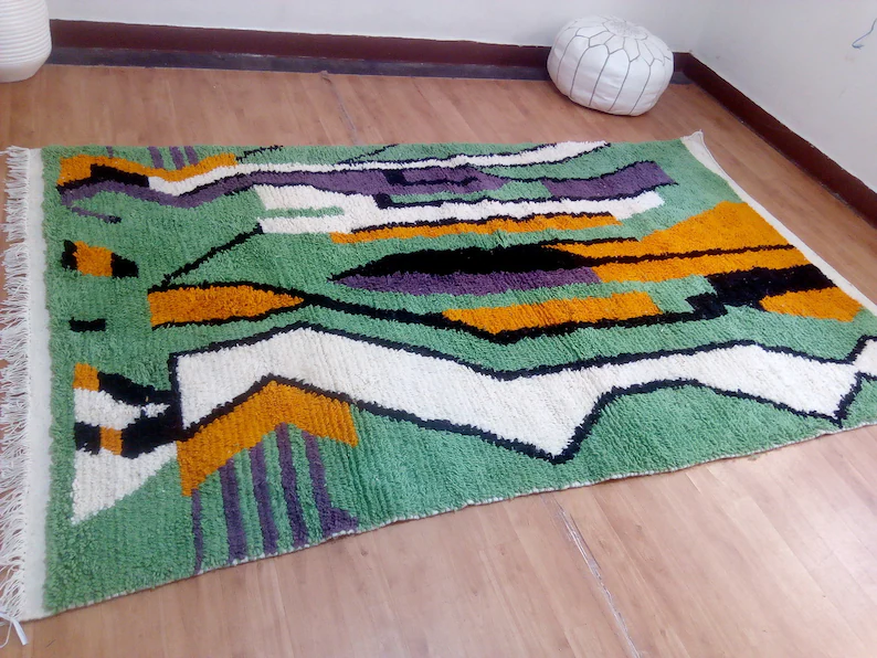 Tapis marocain vert en laine tissé à la main - tapis fait main - 256 x 150