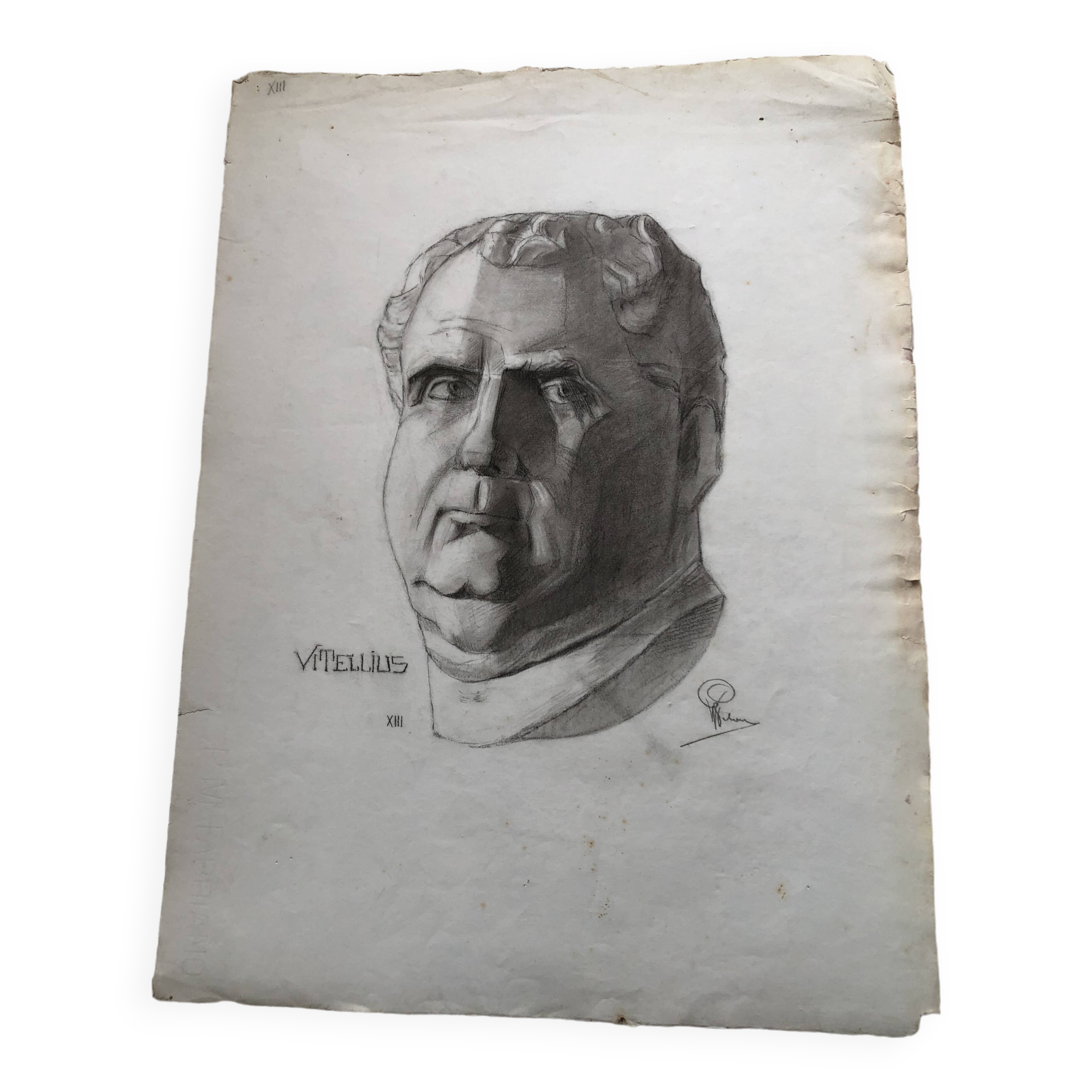 Charcoal drawing: face of roman emperor vitellius, signed w. peloux, antique, fine arts, fabriano