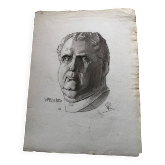 Dessin au fusain : visage empereur romain vitellius, signé w. peloux, antique, beaux arts, fabriano