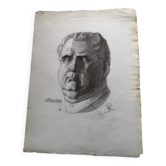 Charcoal drawing: face of roman emperor vitellius, signed w. peloux, antique, fine arts, fabriano