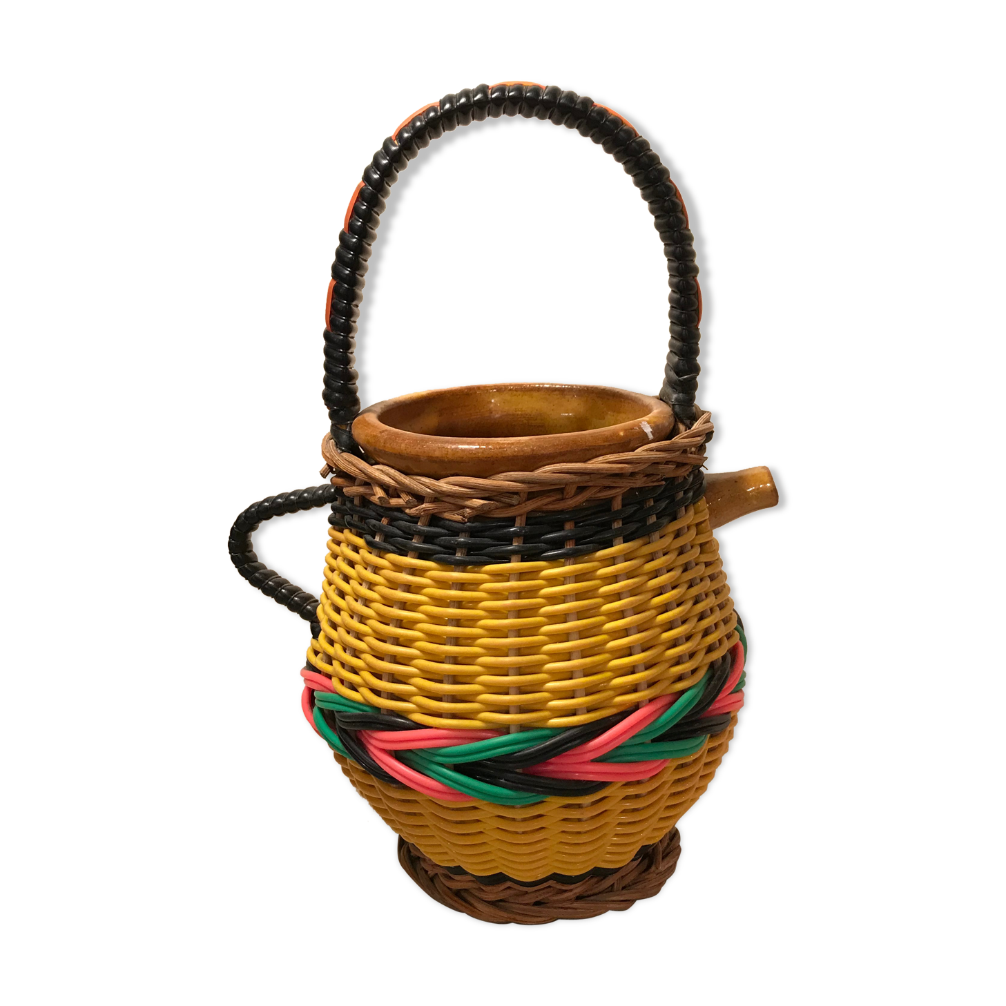 Pitcher 1960 terracotta and scoubidou vase pot with carafe cove
