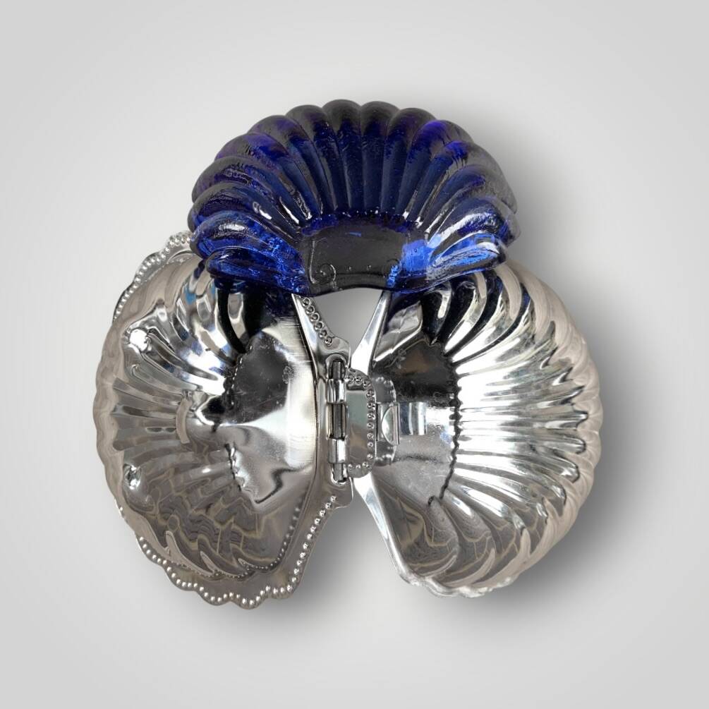Vintage shell butter dish in stainless steel and cobalt blue glass