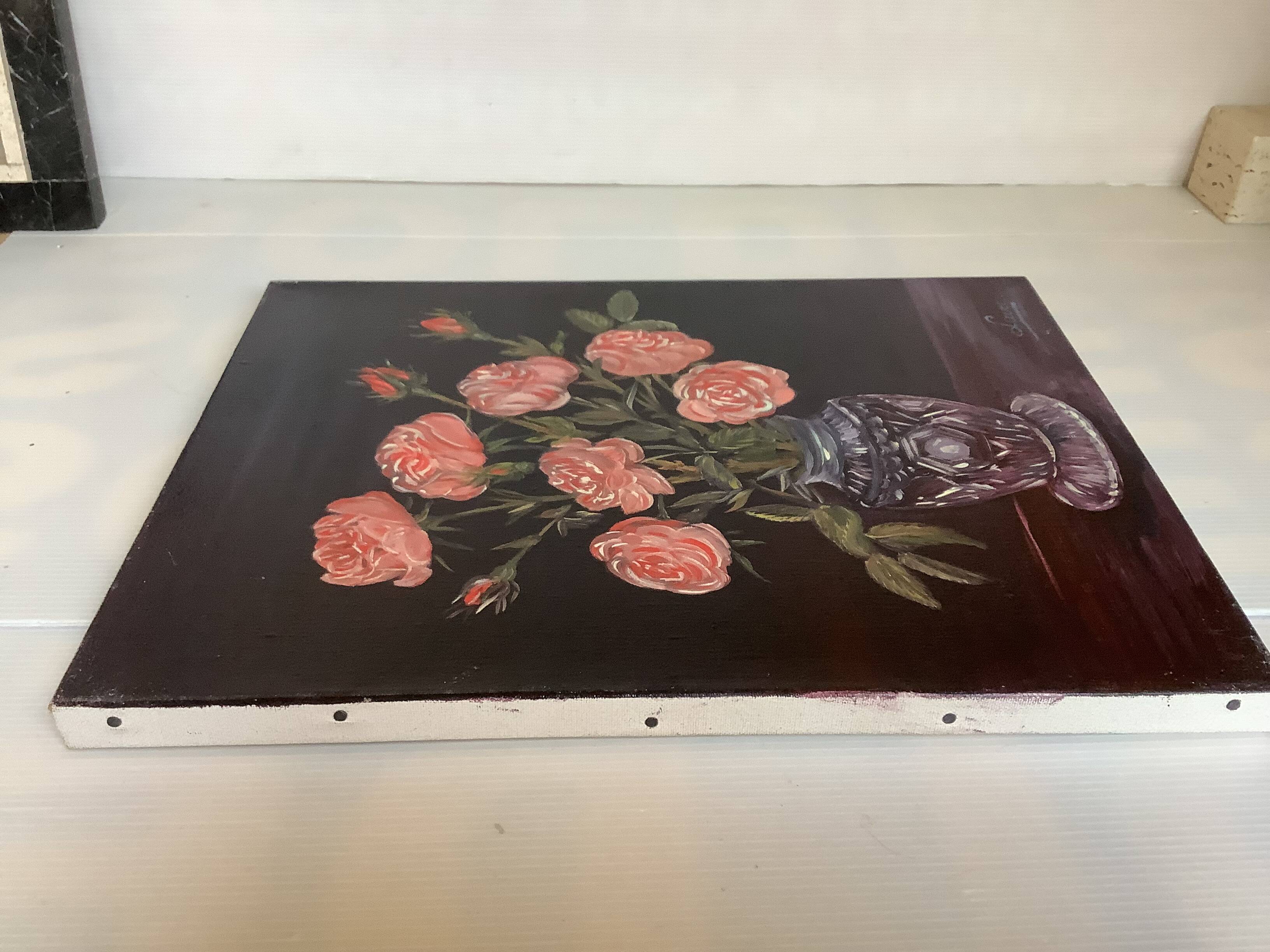 Bouquet of roses oil on canvas painting signed