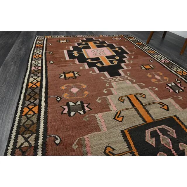 Vintage Turkish Oushak handmade wool cotton brown runner rug 137X338