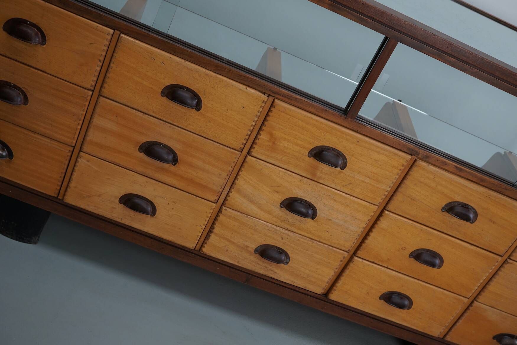 Antique British maple & hardwood haberdashery cabinet or shop counter, 1930s