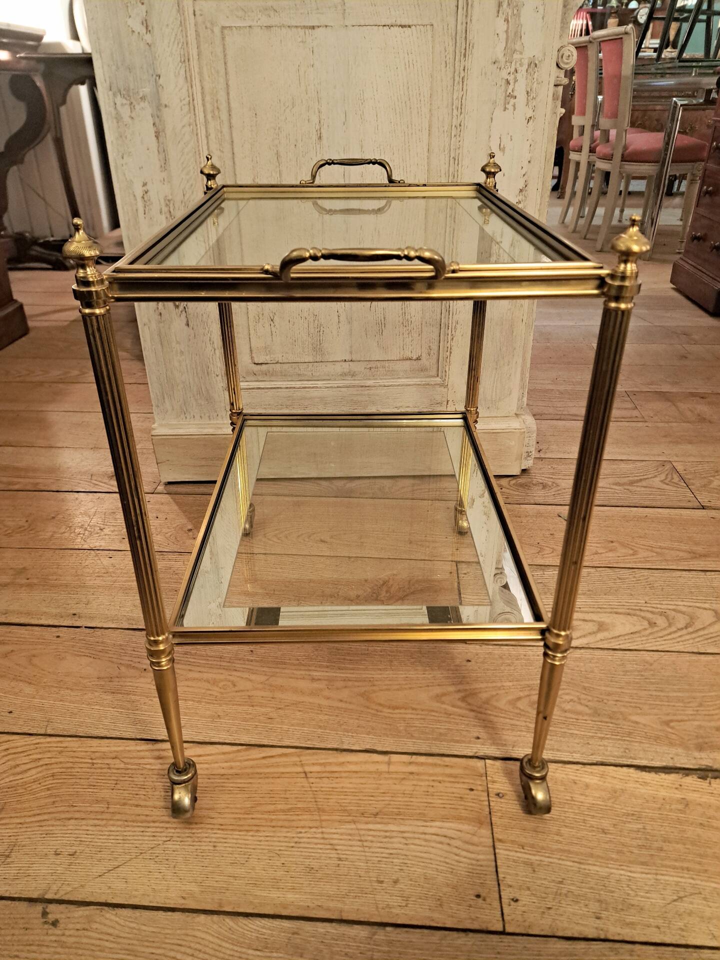 Rolling dessert trolley in gilded brass style Jansen