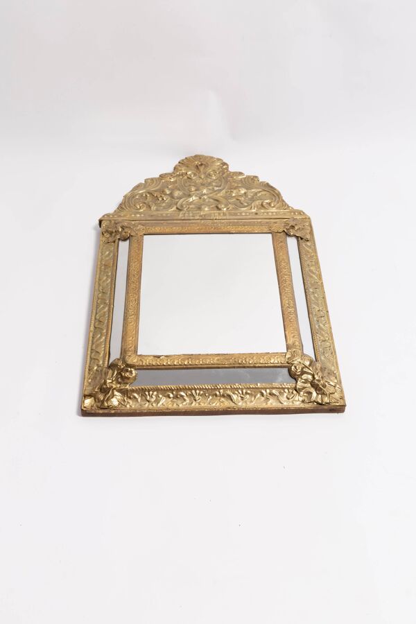 Miroir vintage de taille moyenne avec cadre décoratif en métal doré et bleu, Italie, années 1960