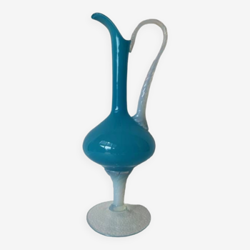 Vase pichet Aiguière piédouche verre soufflé bleu opalin