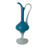 Vase pichet Aiguière piédouche verre soufflé bleu opalin