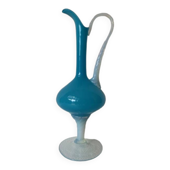 Vase pichet Aiguière piédouche verre soufflé bleu opalin