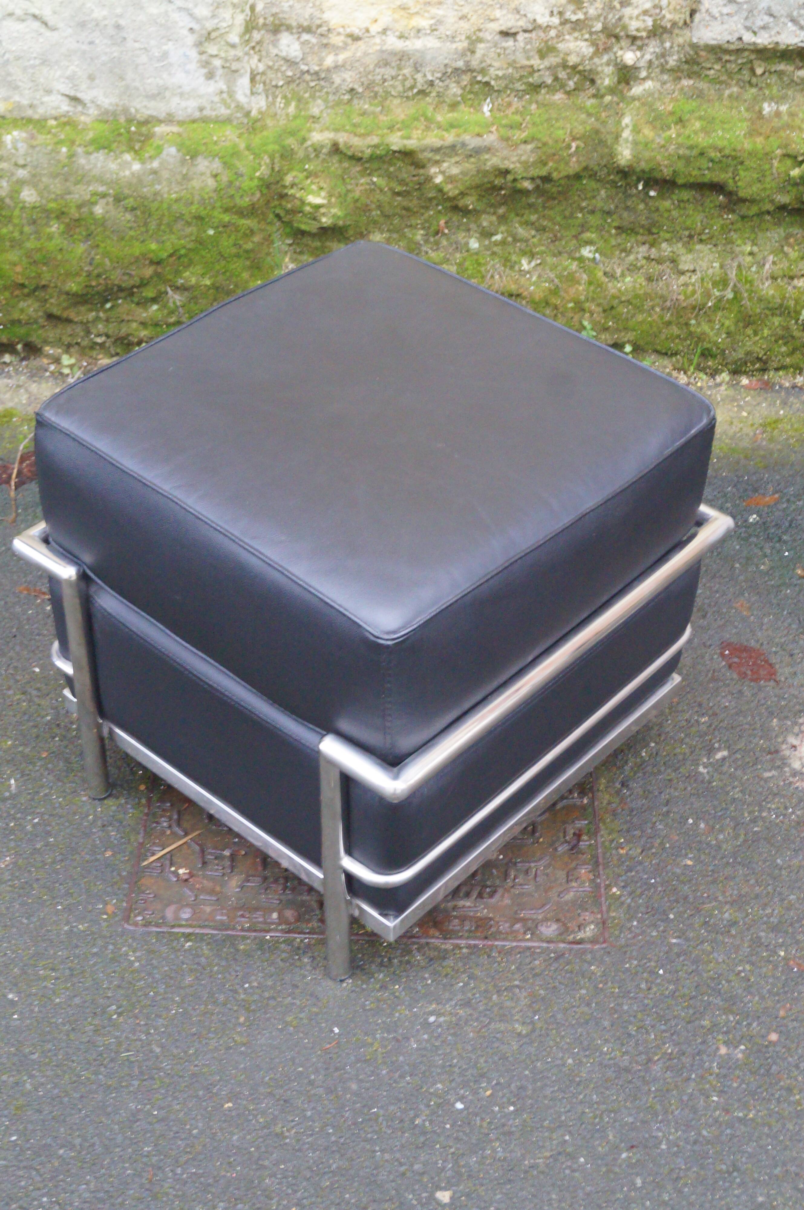 1980 leather and chrome metal pouf
