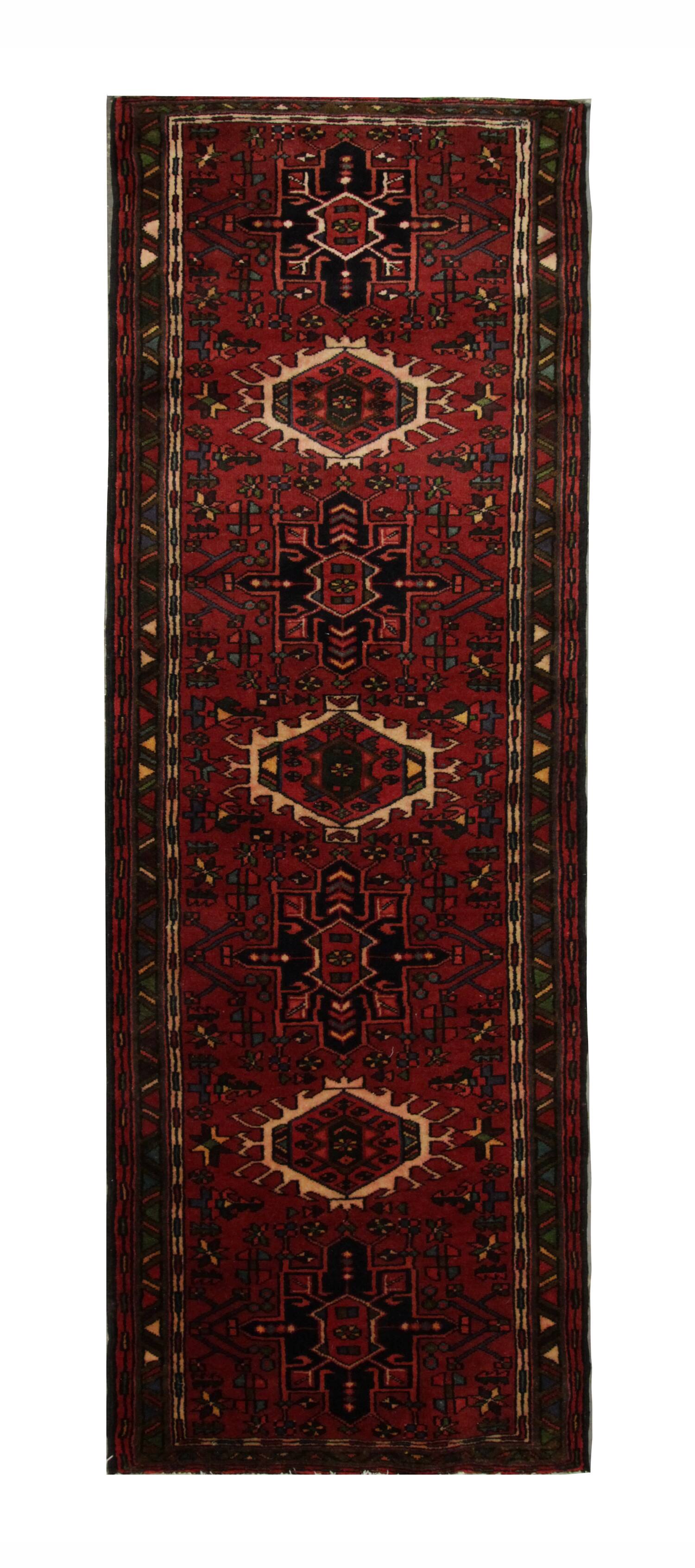 Tapis de couloir vintage en laine rouge à motifs géométriques, style oriental des années 1960