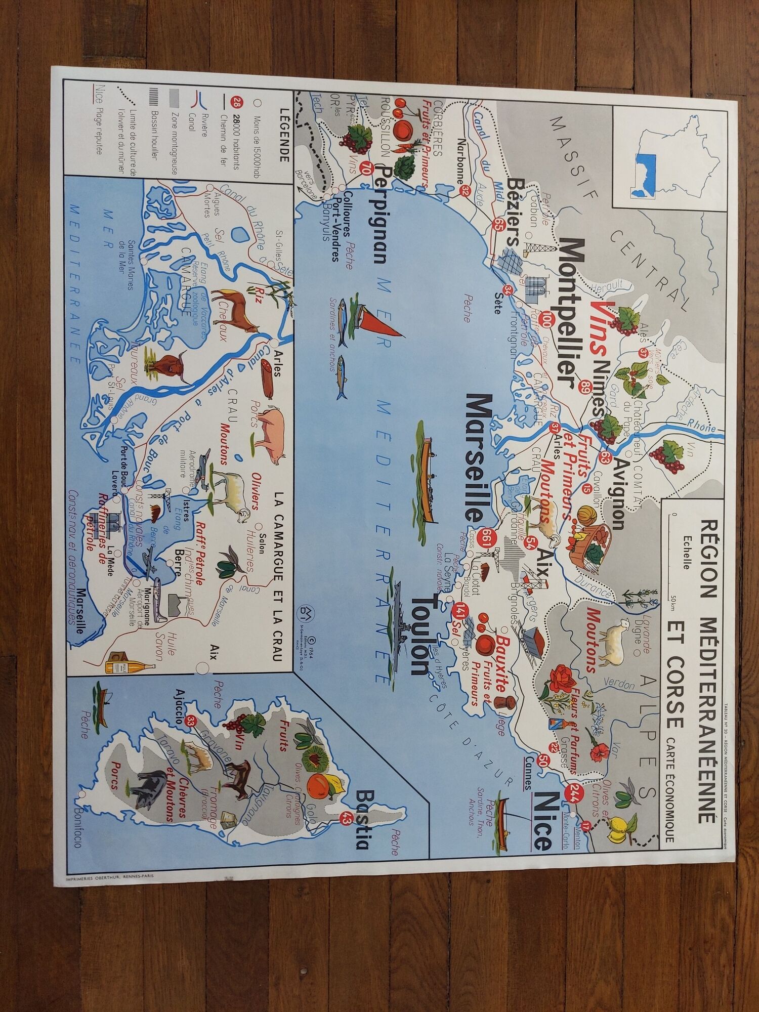 Old vintage school map 60s mdi massif central Corsica and Mediterranean region