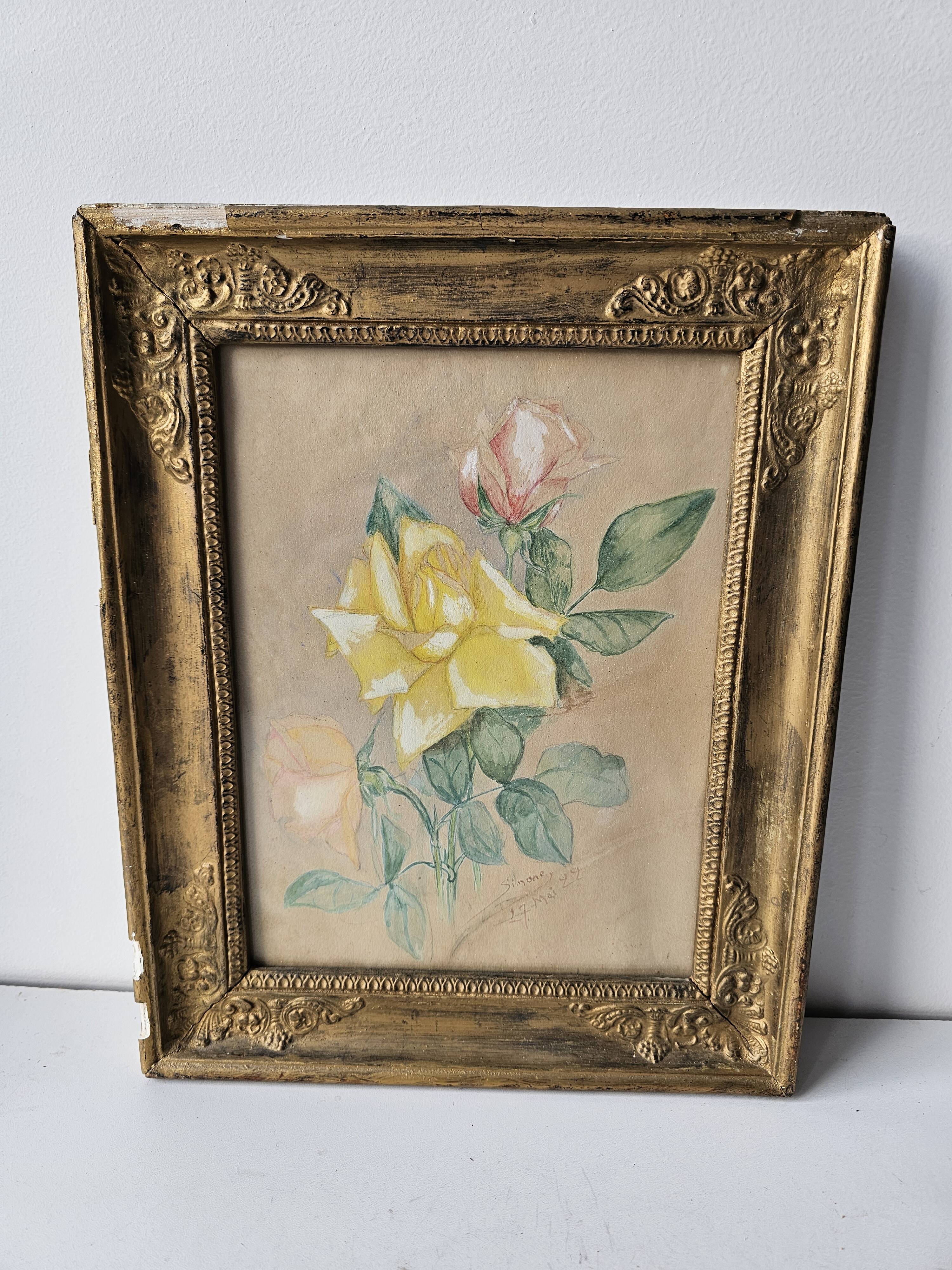 Watercolour painting of pink flowers signed Simonne 1922 in a gilded wooden frame.