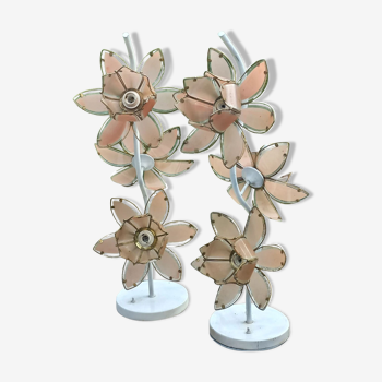 Pair of 70s floor lamps in lacquered metal flowers in glass and gilded metal