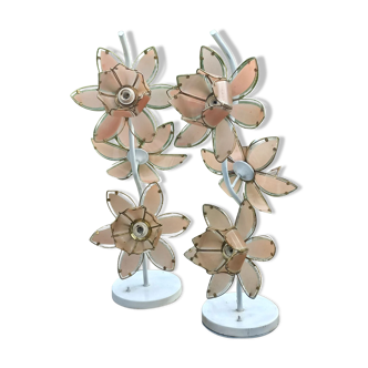 Pair of 70s floor lamps in lacquered metal flowers in glass and gilded metal