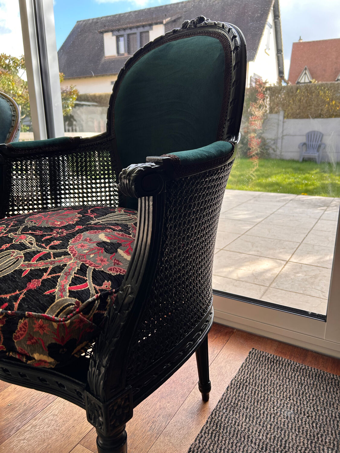 Louis XVI armchair with caning and dark green velvet