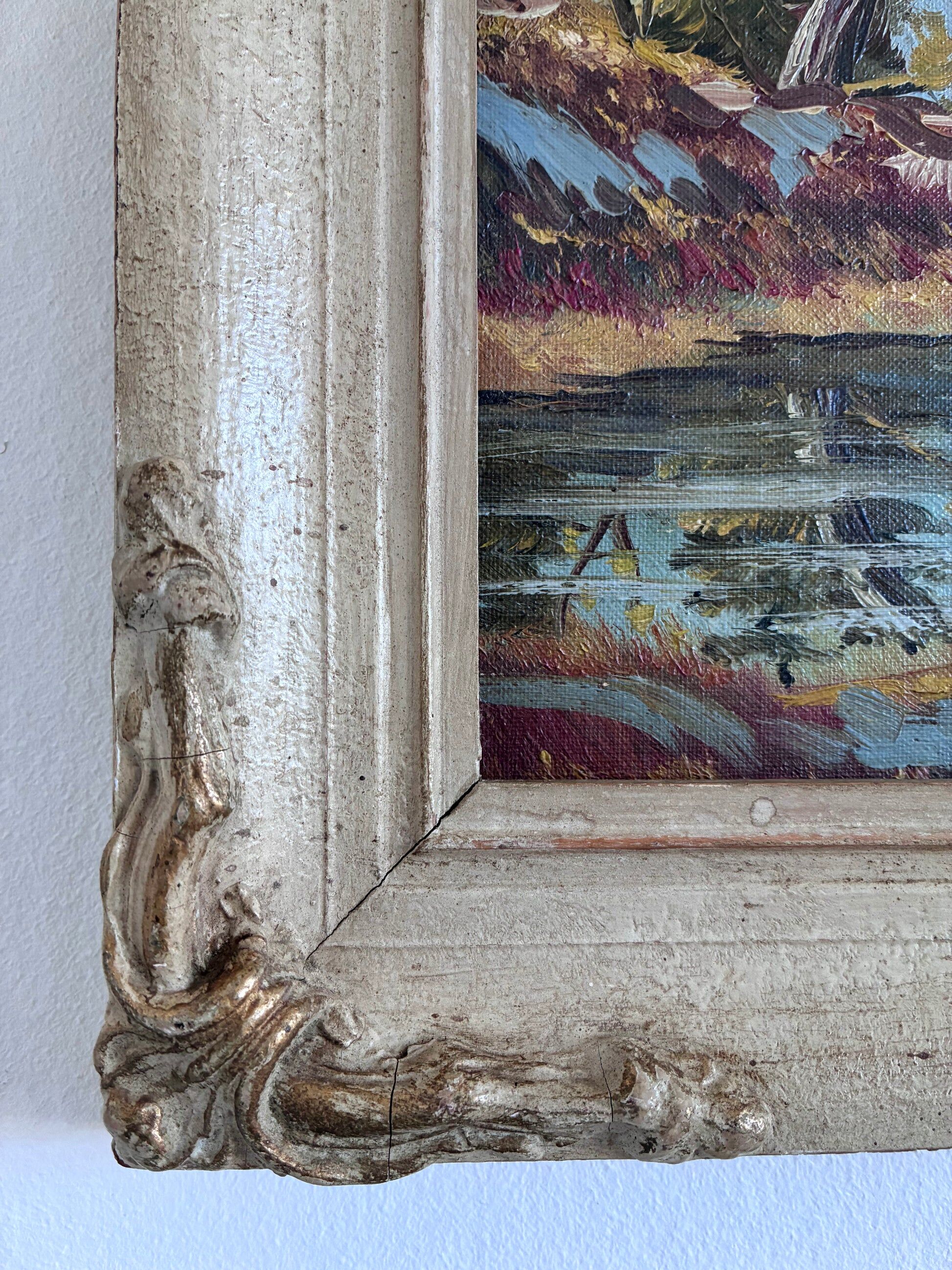 Peinture à l'huile sur toile de paysage vintage, encadrée