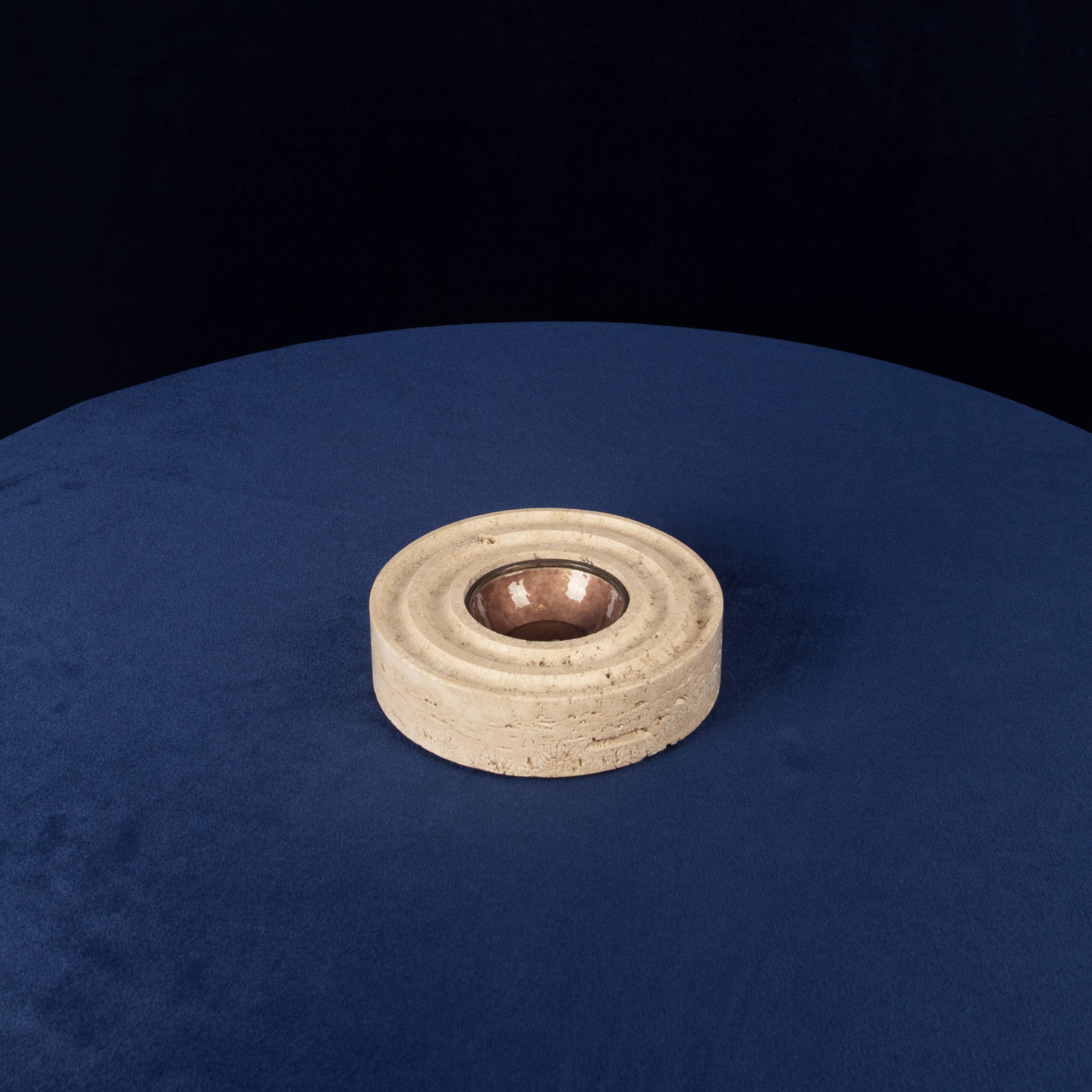 Italian Round Travertine and Copper-Toned Metal Ashtray, 1970