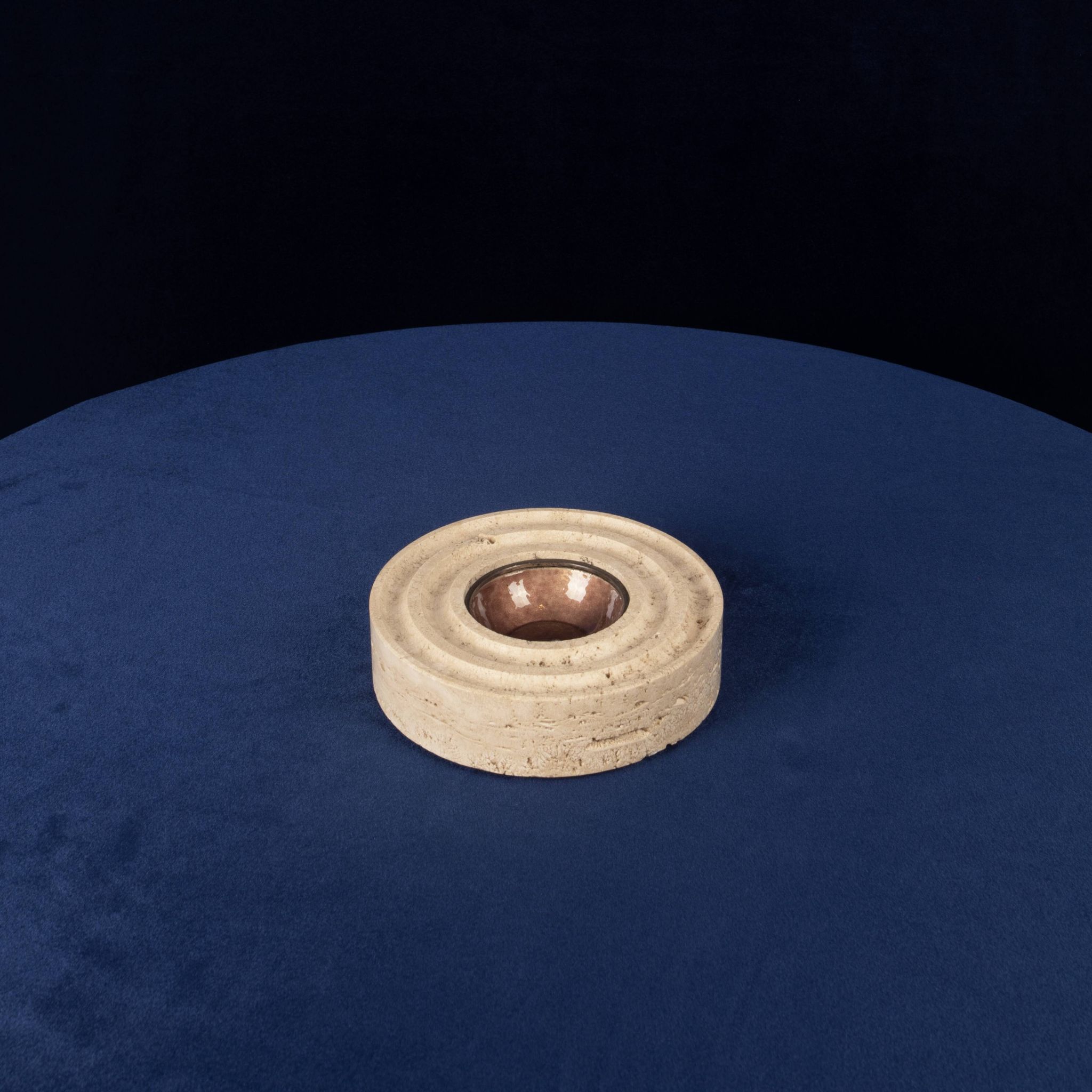 Italian Round Travertine and Copper-Toned Metal Ashtray, 1970