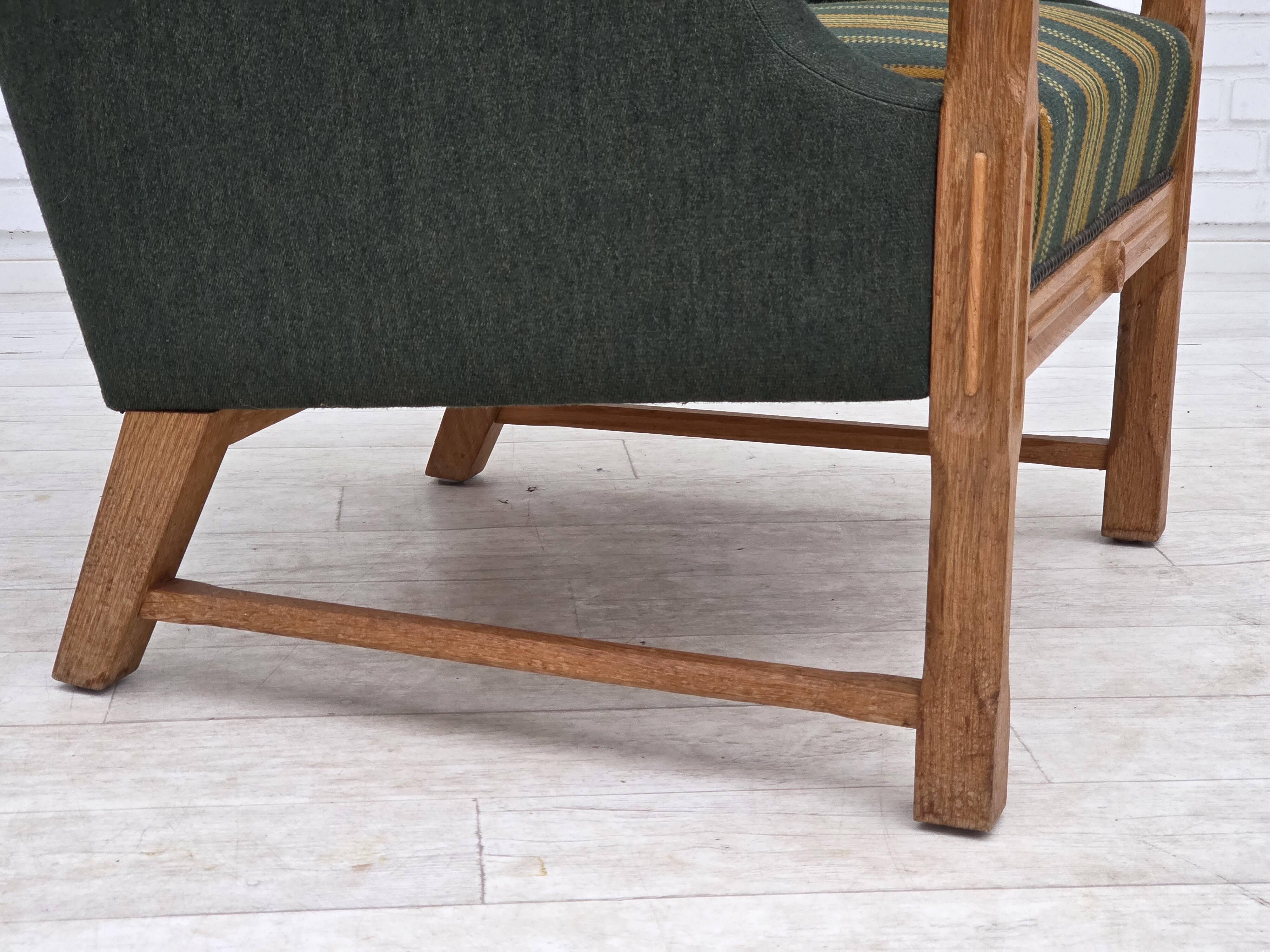1970s, Danish armchair, green furniture wool, solid oak wood.