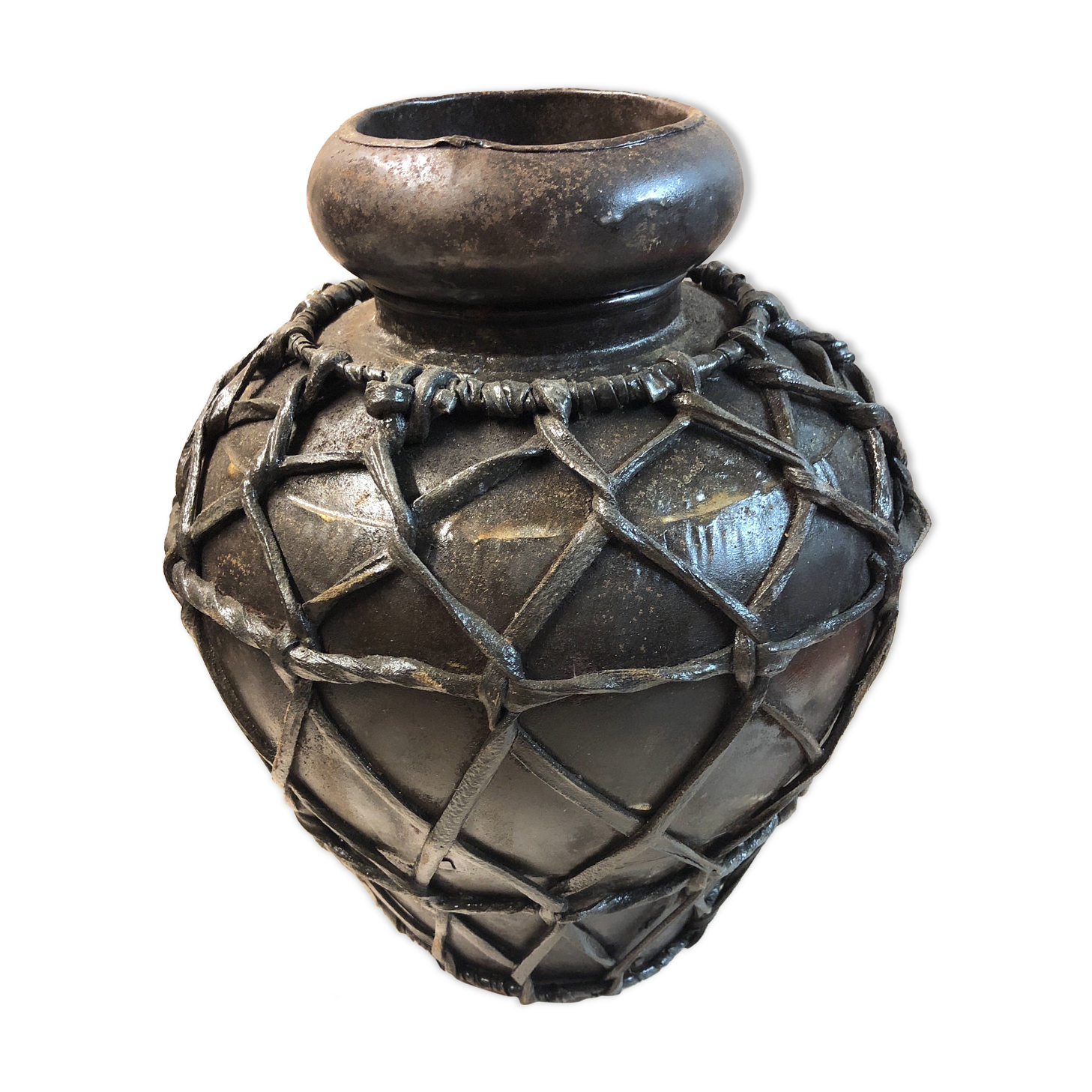 Metal and leather vase