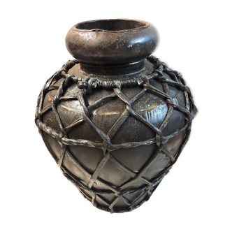 Metal and leather vase