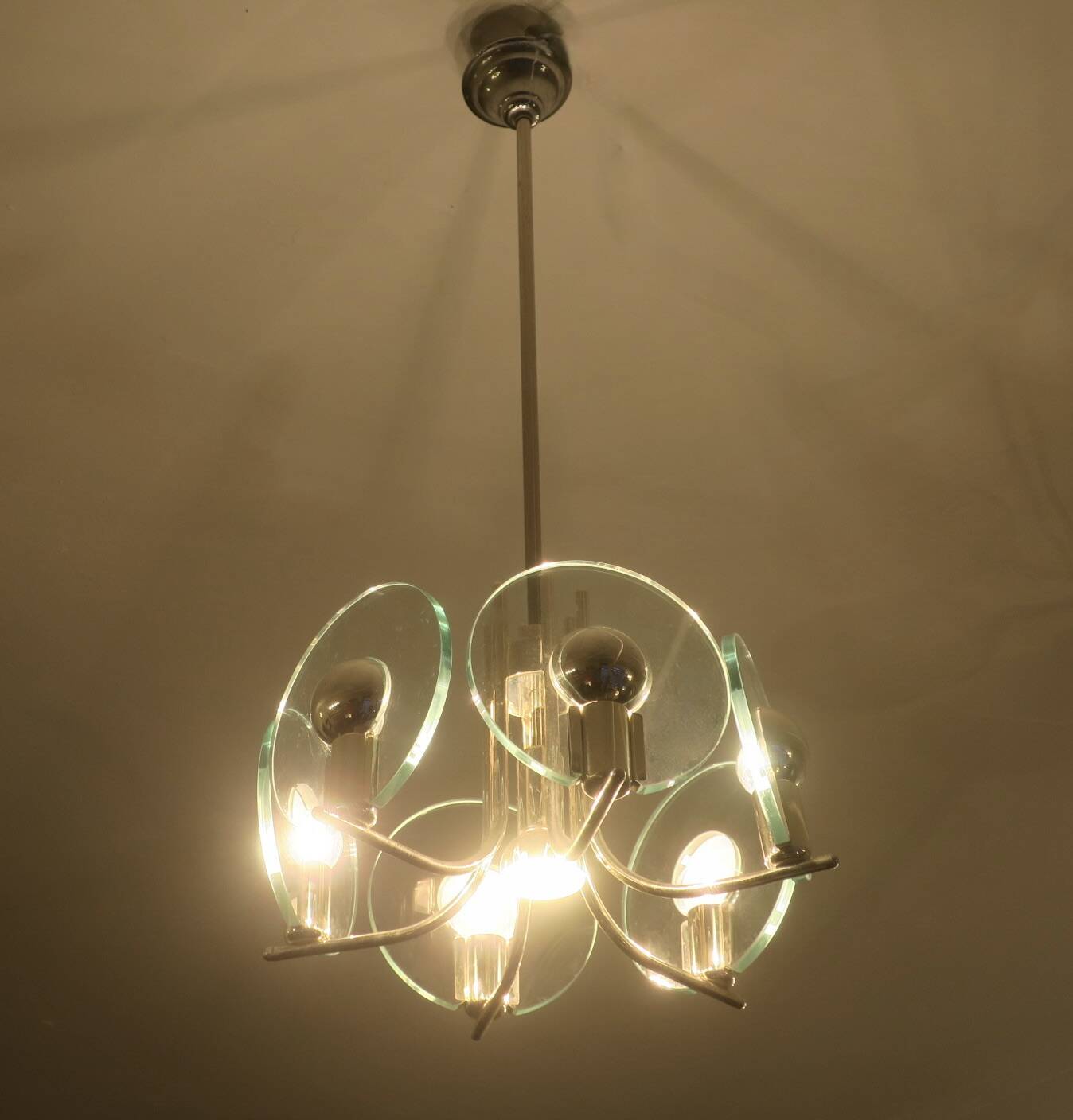 Silver plated chandelier with six crystal glass discs, Italy 1960s