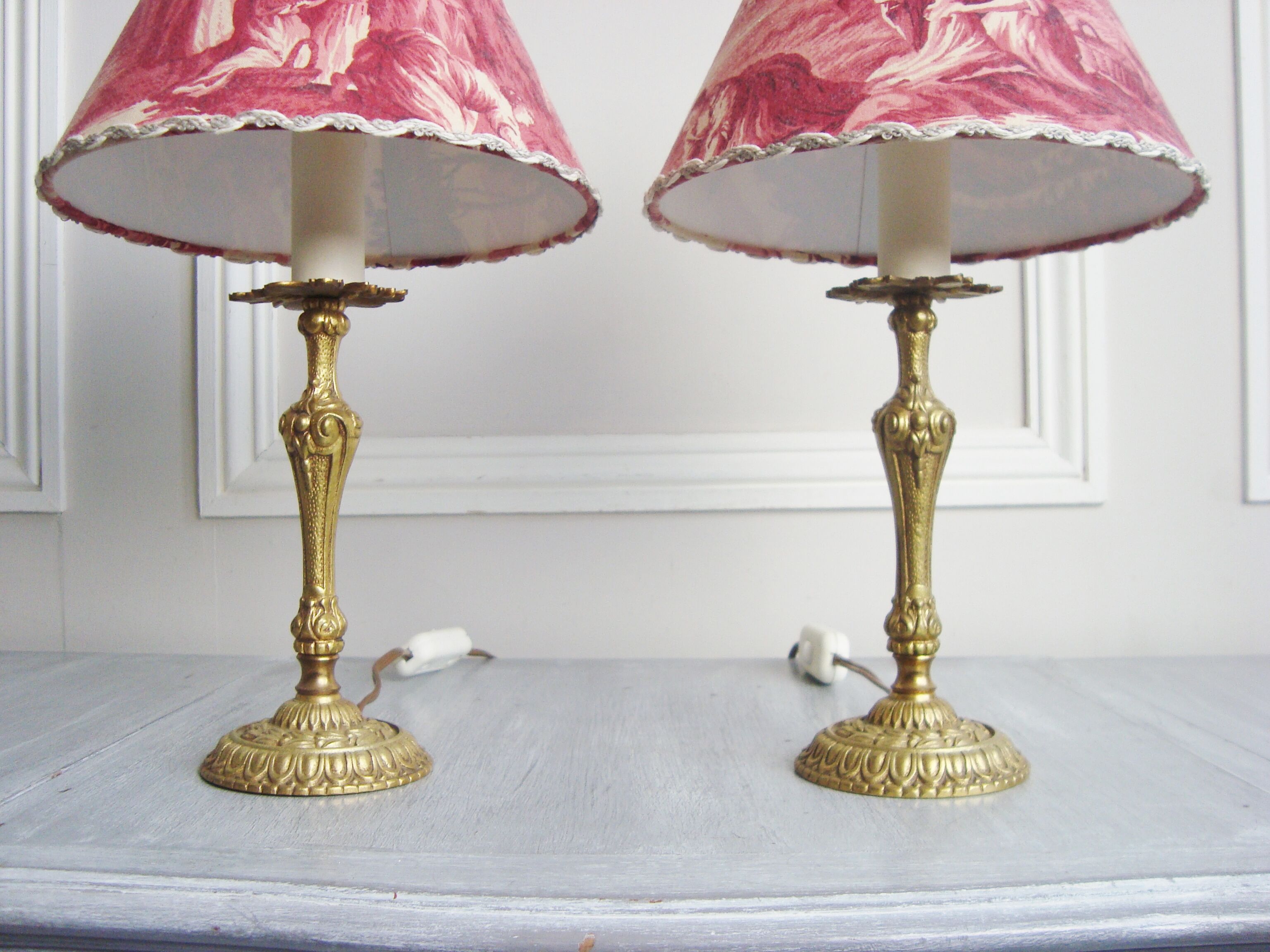 Pair of brass lamps with handmade lampshades in vintage toile de Jouy fabric