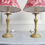 Pair of brass lamps with handmade lampshades in vintage toile de Jouy fabric