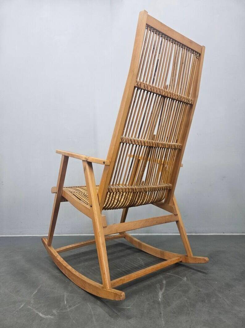 Rare Midcentury Wood and Rattan Rocking Chair, Denmark, 1960s