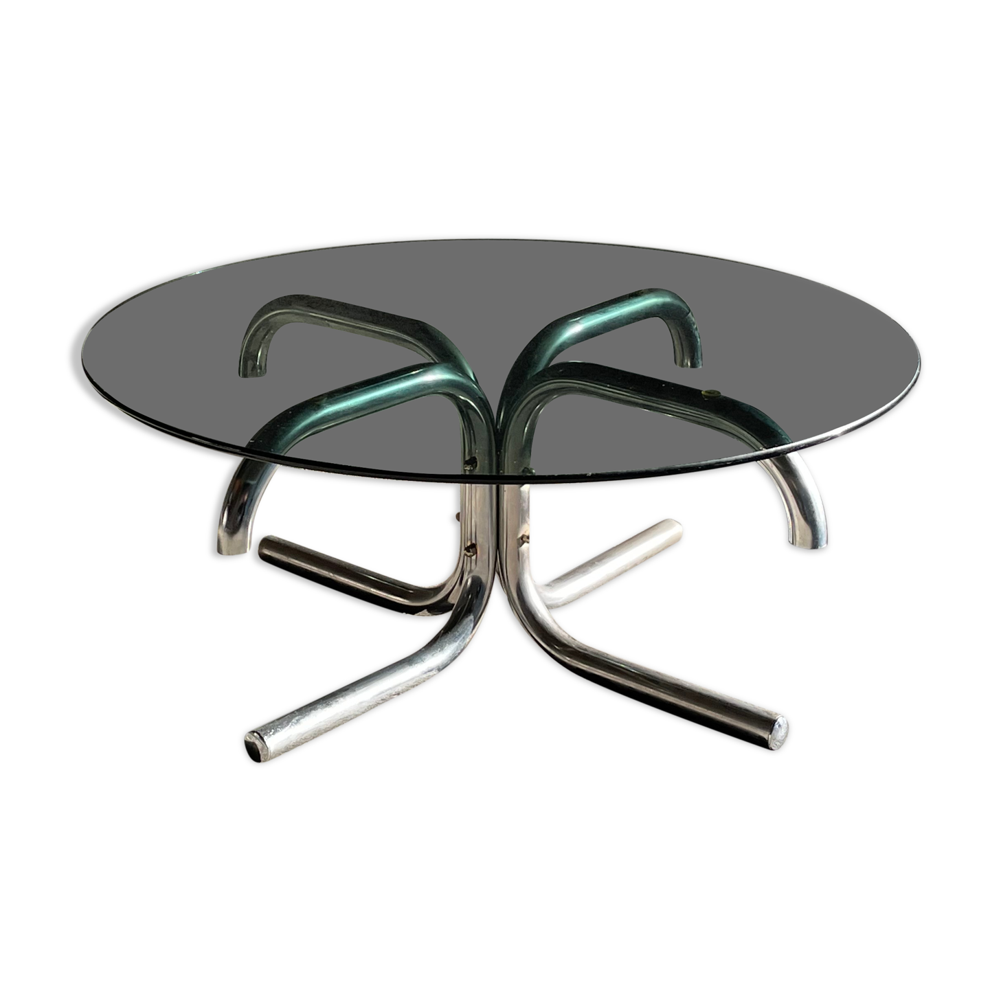 Table basse ronde en métal chromé et verre fumé,1970s