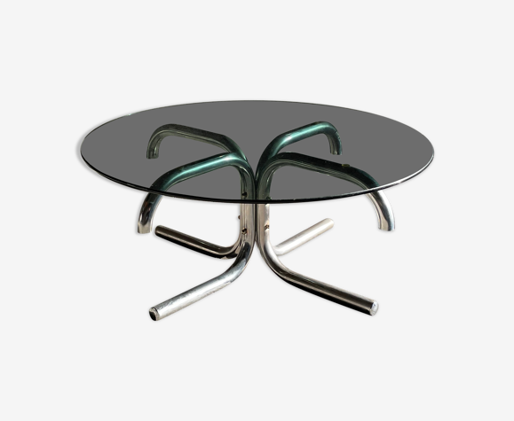 Round coffee table in chromed metal and smoked glass,1970s